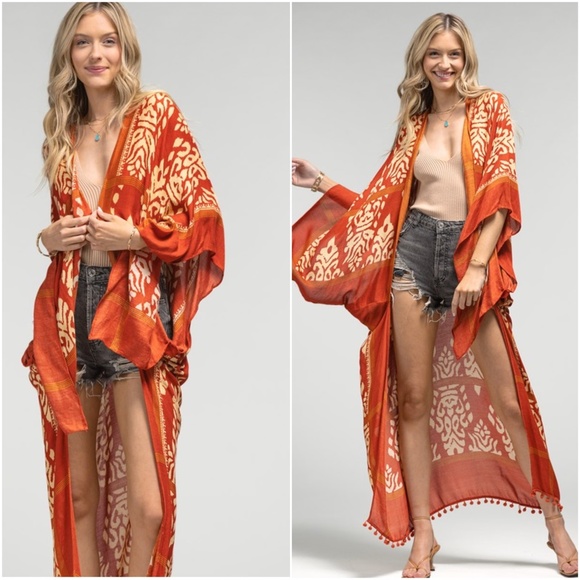 Boho Leopard print Kimono pom pom hem Cover up - Picture 2 of 4